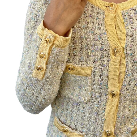 CHANEL Vintage 97P CC Mark Logo Tweed Cardigan #38 Sweater Yellow Nylon [106368] - Picture 3 of 13